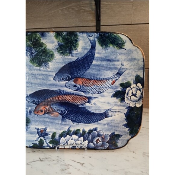 Japanese KOI FISH Lotus Flower Ceramic Rectangular Platter Sun Ceramic Japan - Picture 3 of 4